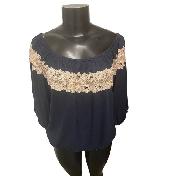 Large Bella D Lace Embellisment Women's Navy Blue Off Shoulder Blouse - Picture 3 of 10